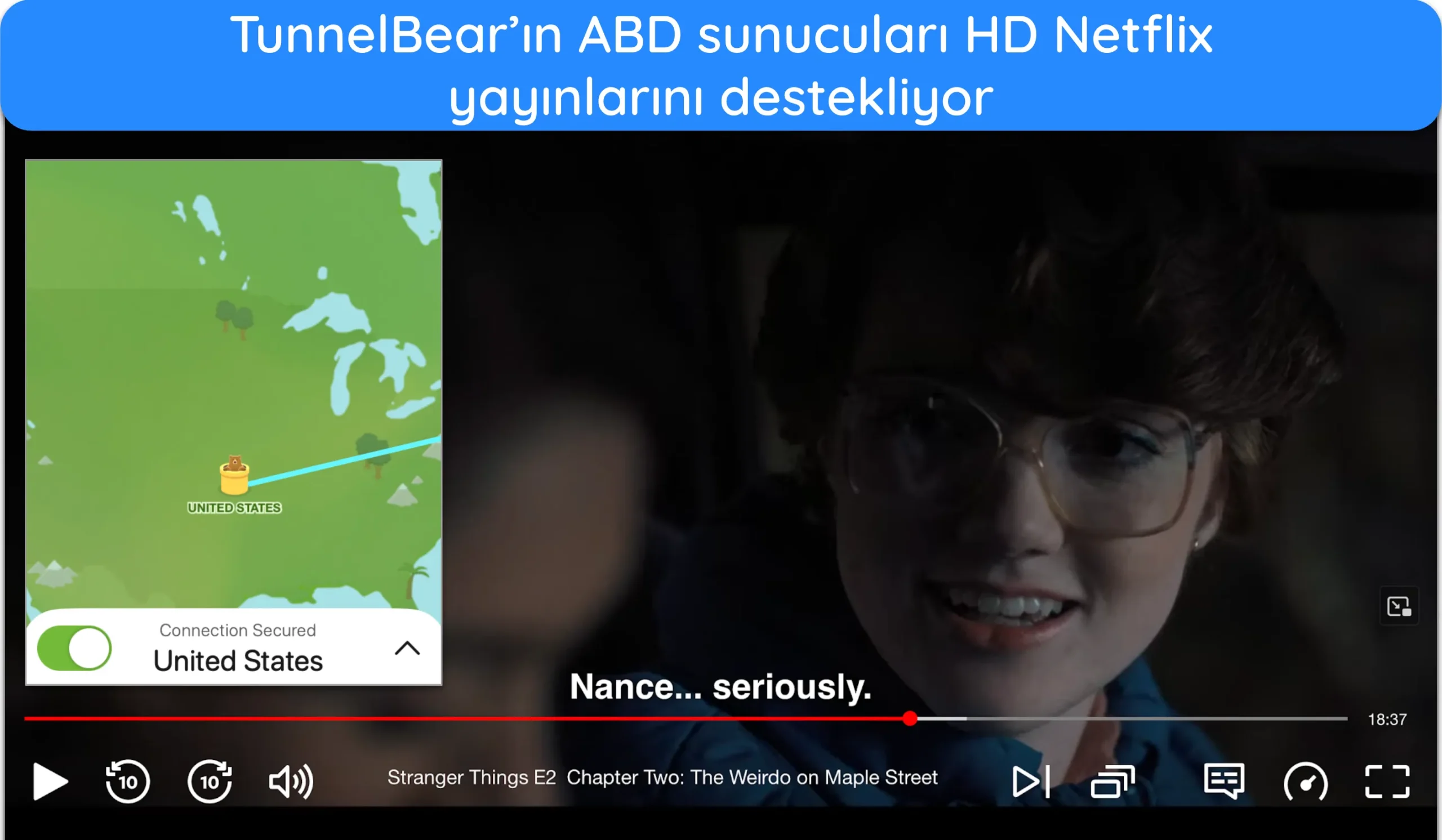 Netflix'te HD olarak yayınlanan Stranger Things dizisinin ekran görüntüsü.