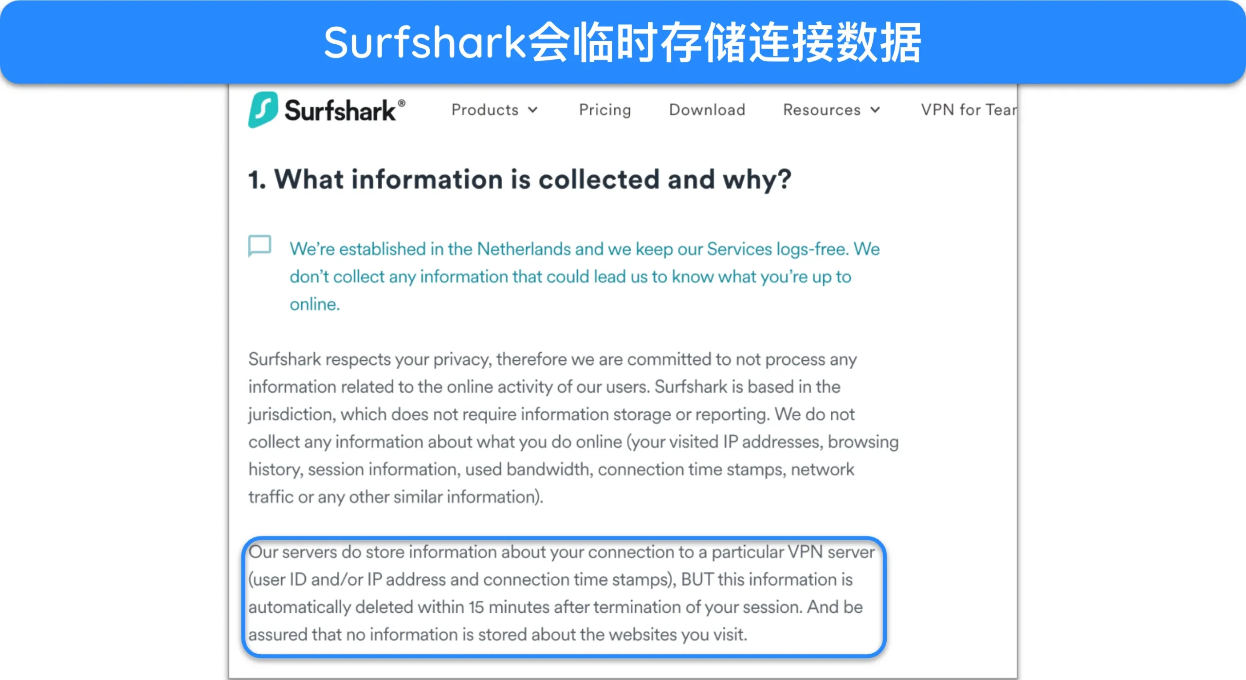 Surfshark 隐私政策部分截图。