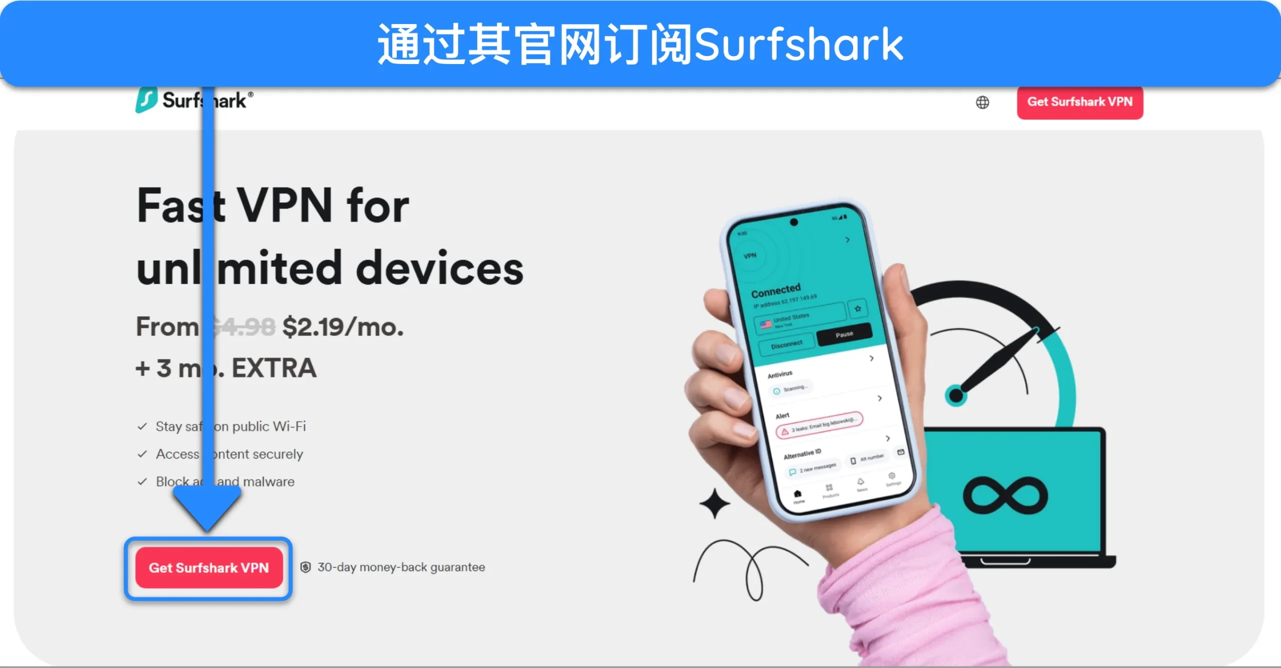 截图显示了如何通过官方网站订阅 Surfshark。