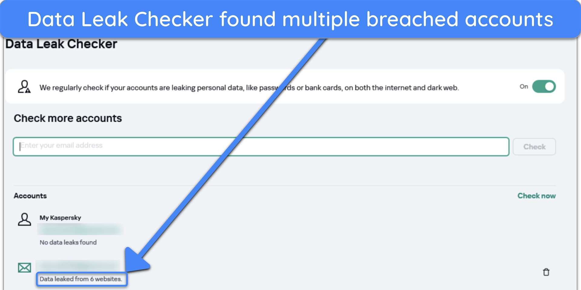 Screenshot of Kaspersky's Data Leak Checker highlighting breached accounts