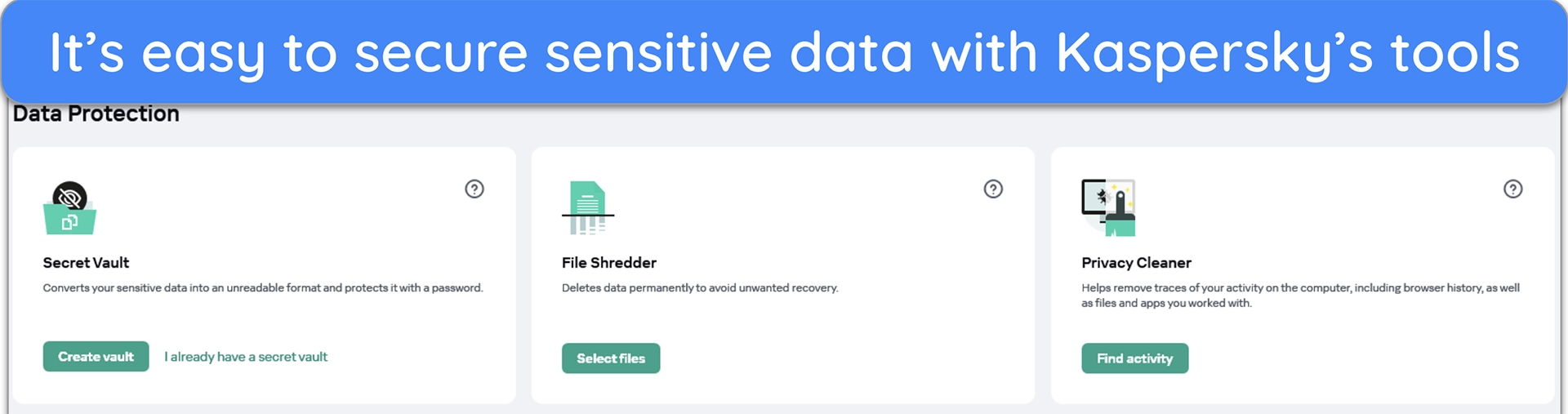 Screenshot of Kaspersky's various data protection tools