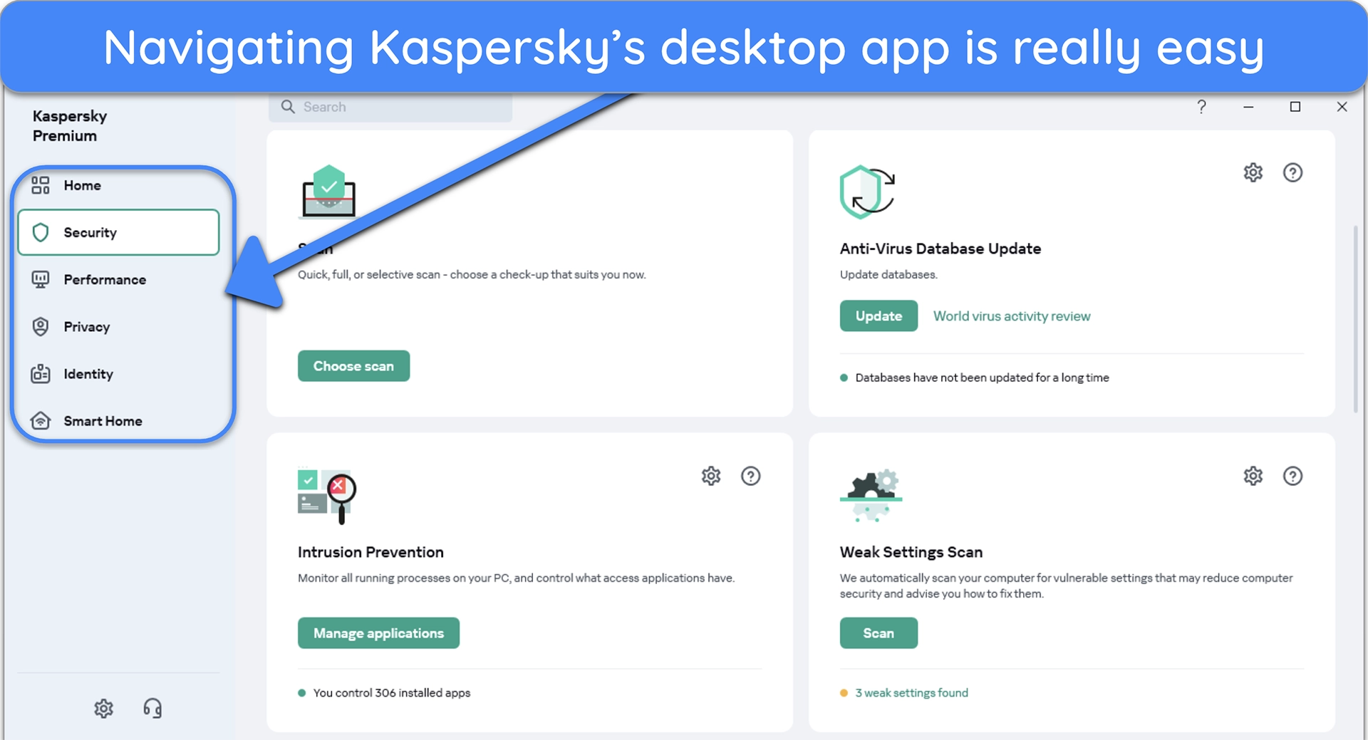 Screenshot showing how to navigate Kaspersky's desktop interface