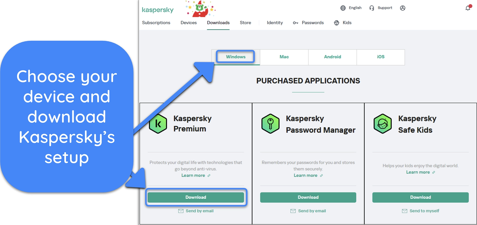 Screenshot showing how to download Kaspersky's Windows setup