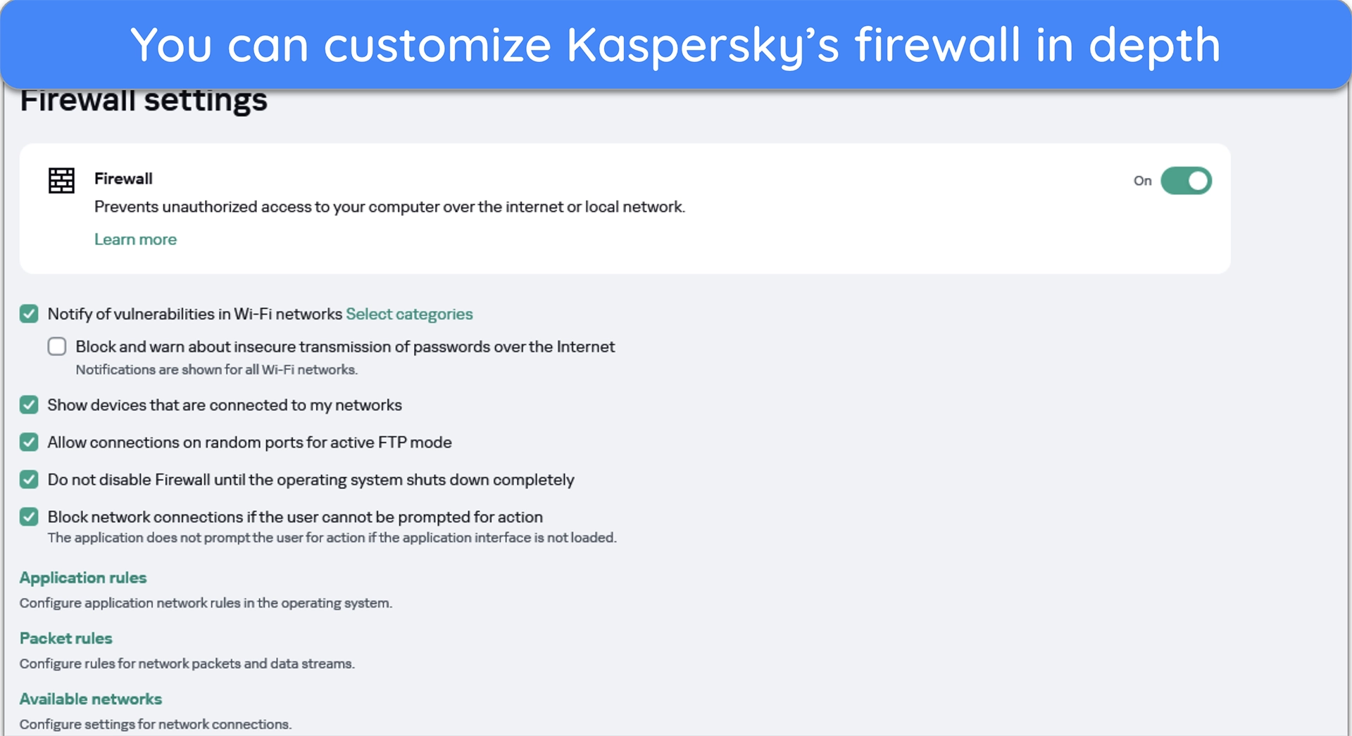 Screenshot of Kaspersky's firewall customization options