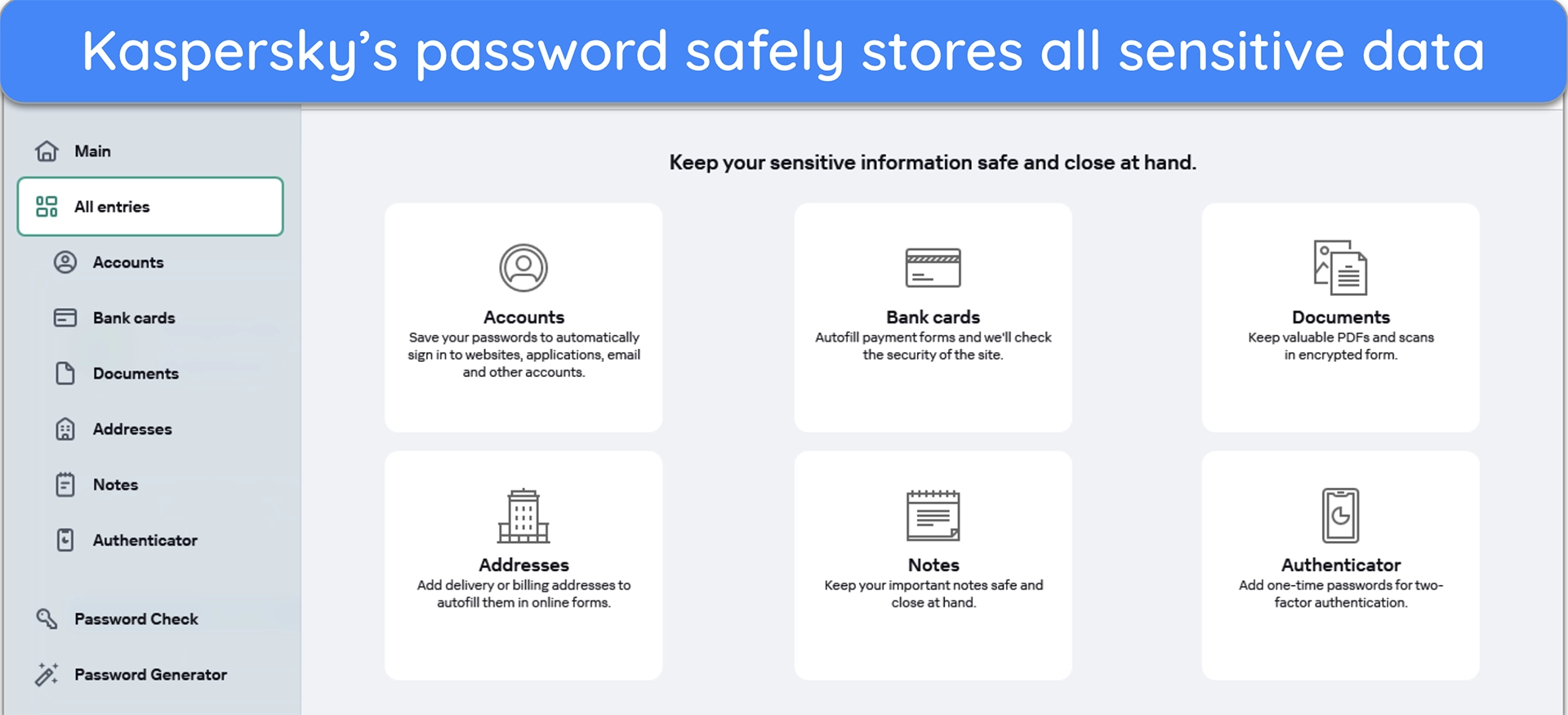 Screenshot of the data Kaspersky's password manager can store