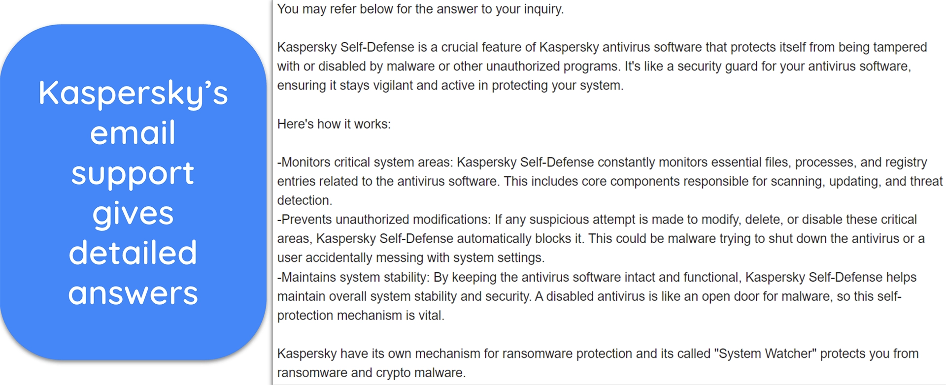 Screenshot of a detailed response from Kaspersky's email support