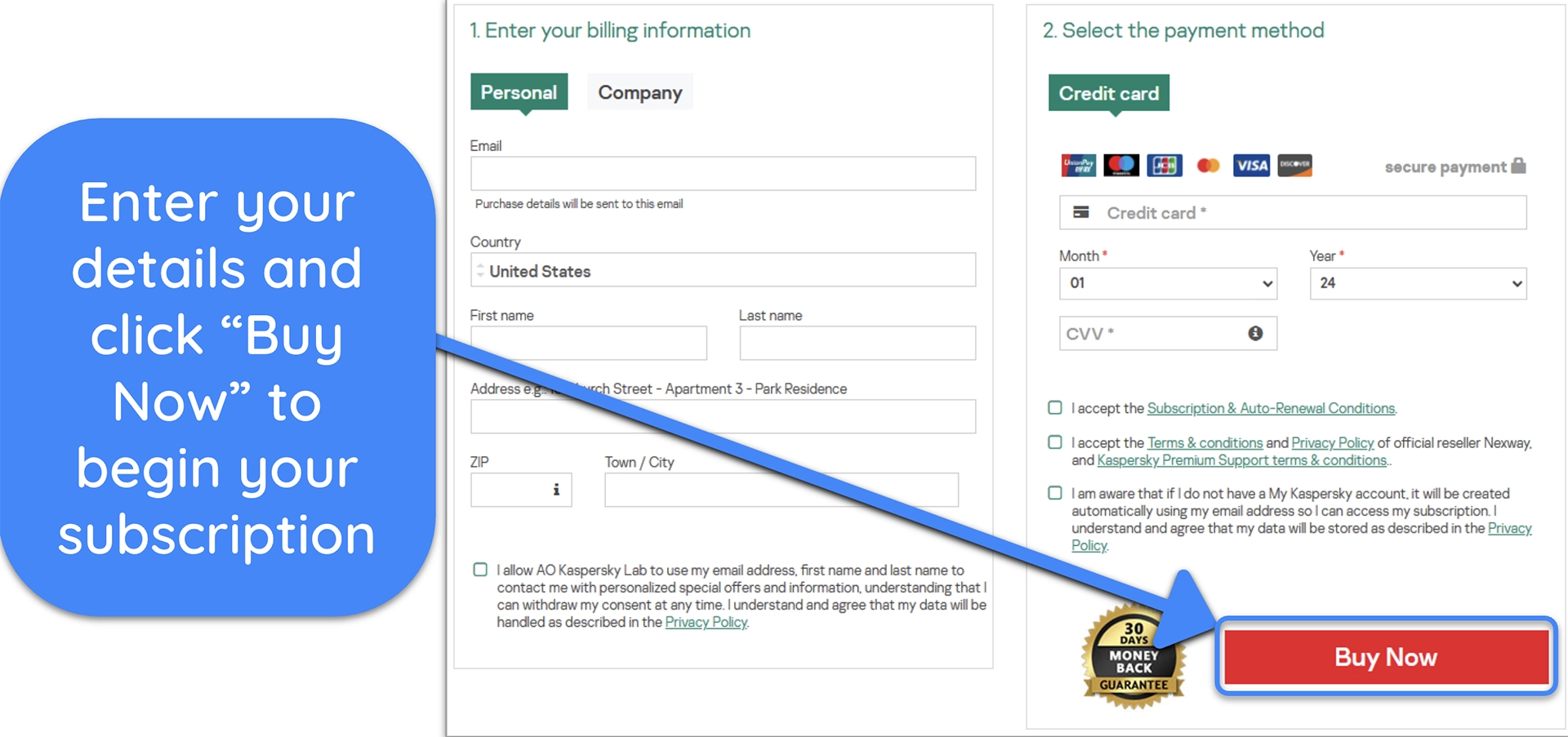 Screenshots howing how to begin your Kaspersky subscription