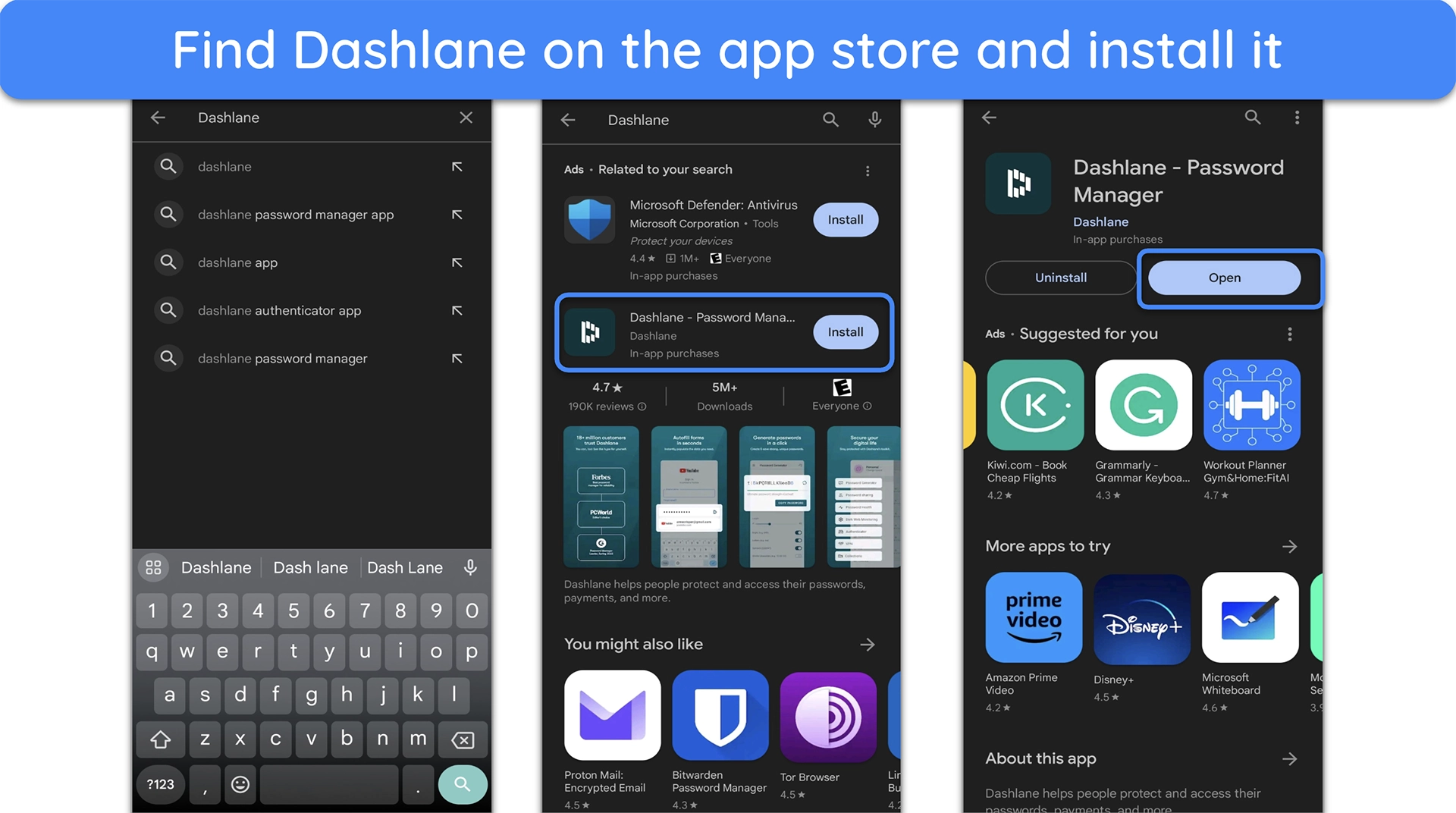 Screenshot of how to find and install Dashlane's app on the Google Play Store