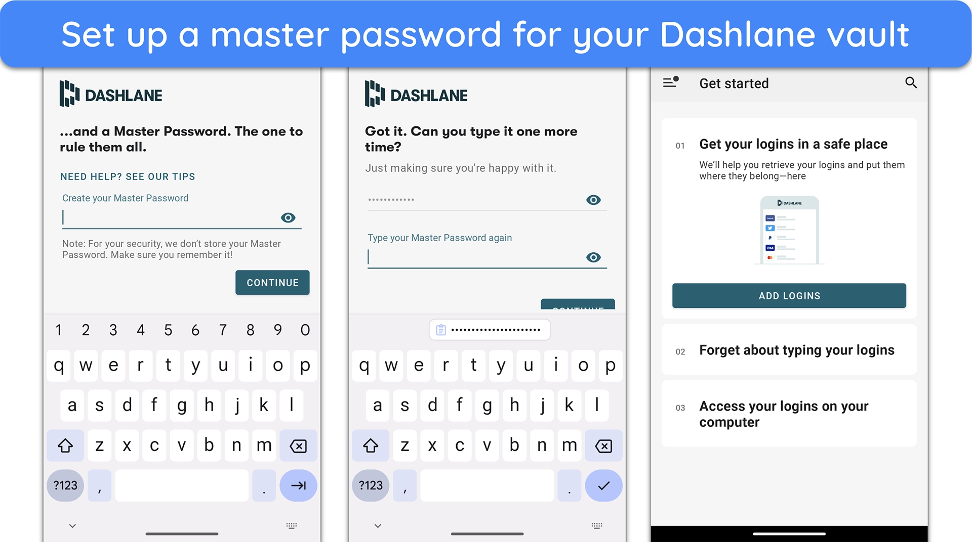 Screenshot of setting up a master password when creating a Dashlane vault