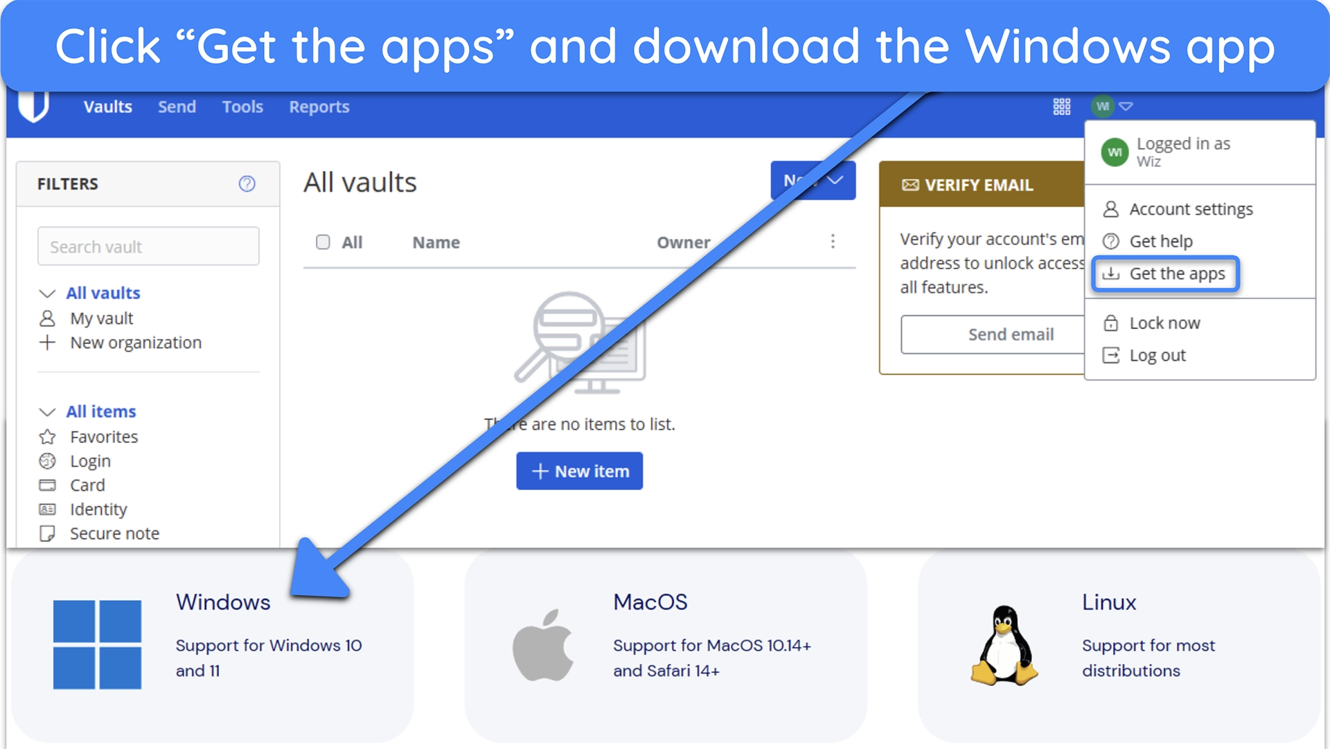 Screenshot of Bitwarden's interface and how to get the Windows app