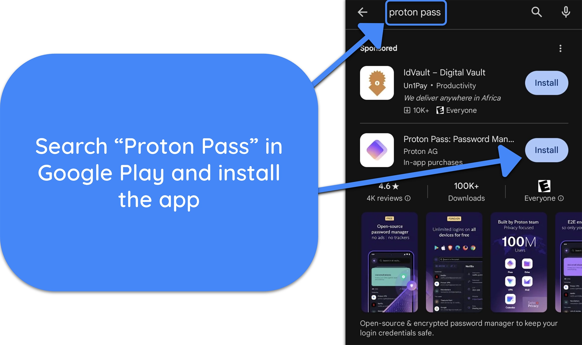 Screenshot showing how to download Proton Pass from the Google Play store