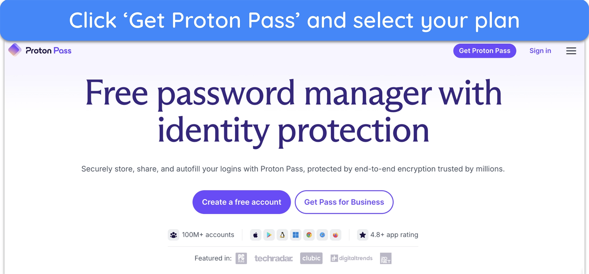 Screenshot showing how to get Proton Pass from the official website