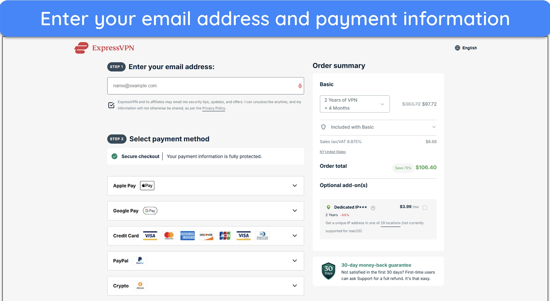 screenshot of ExpressVPN's sign up page prompting the user to enter an email address and payment method