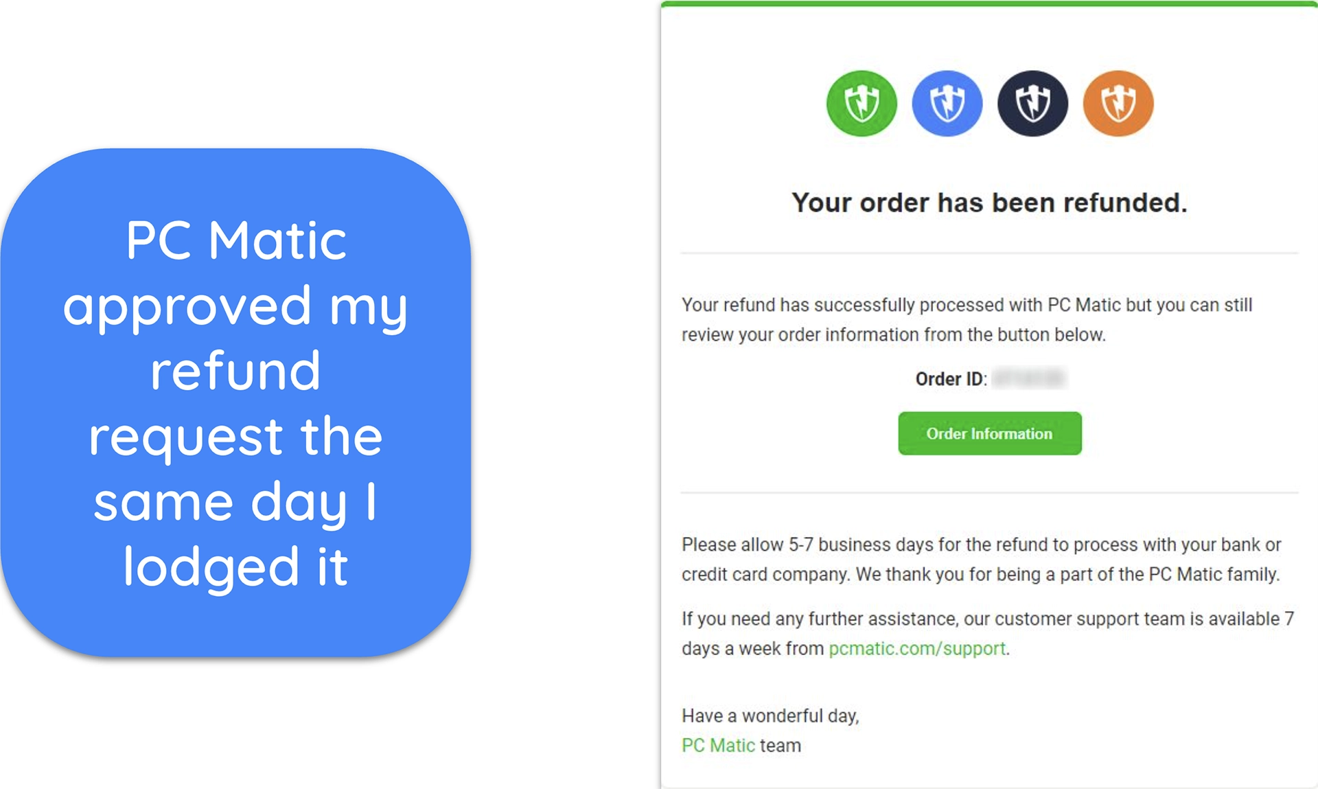 Screenshot of an email showing that PC Matic has approved a refund request