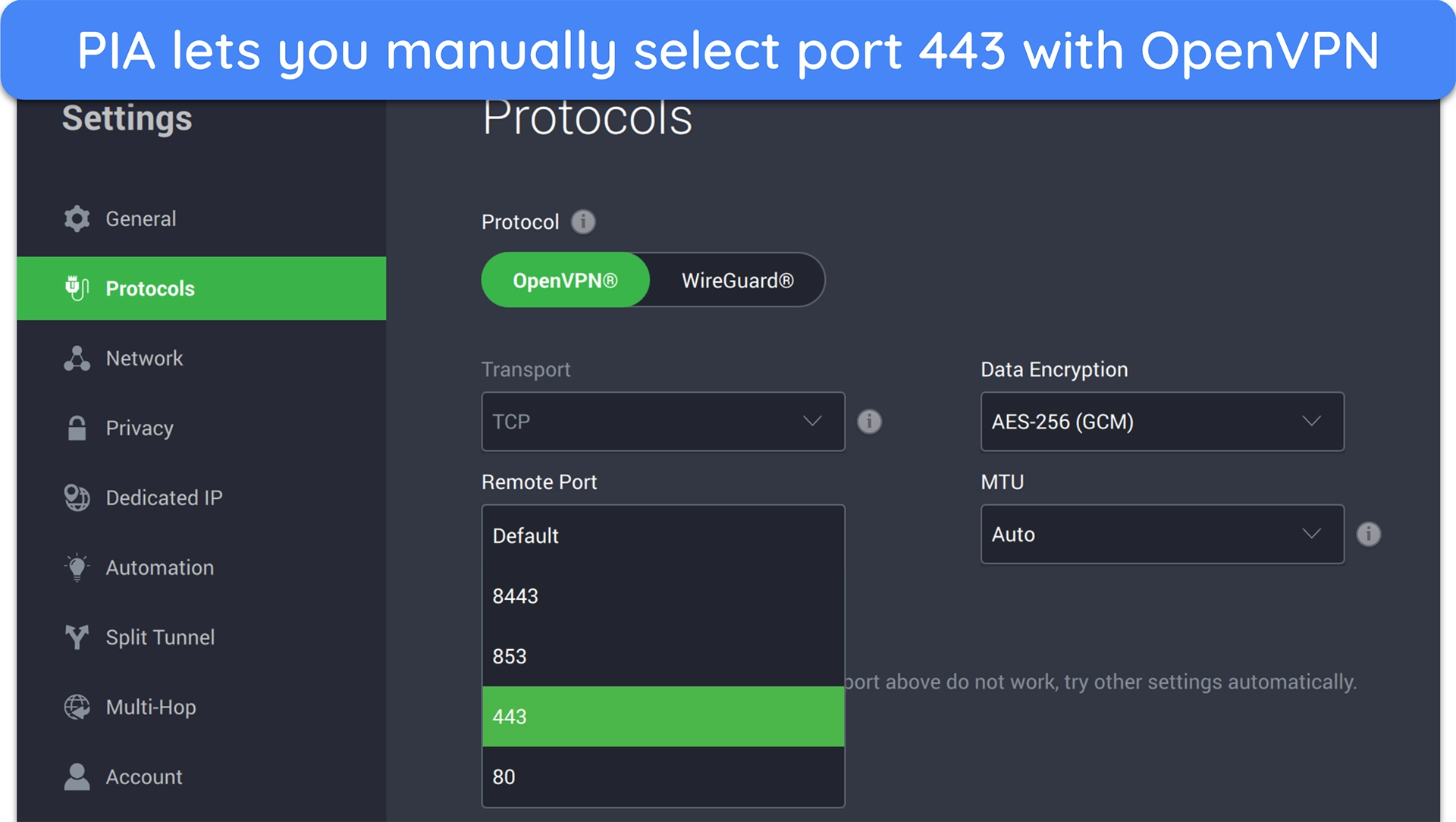 Screenshot of how to select port 443 on OpenVPN on PIA's Mac app