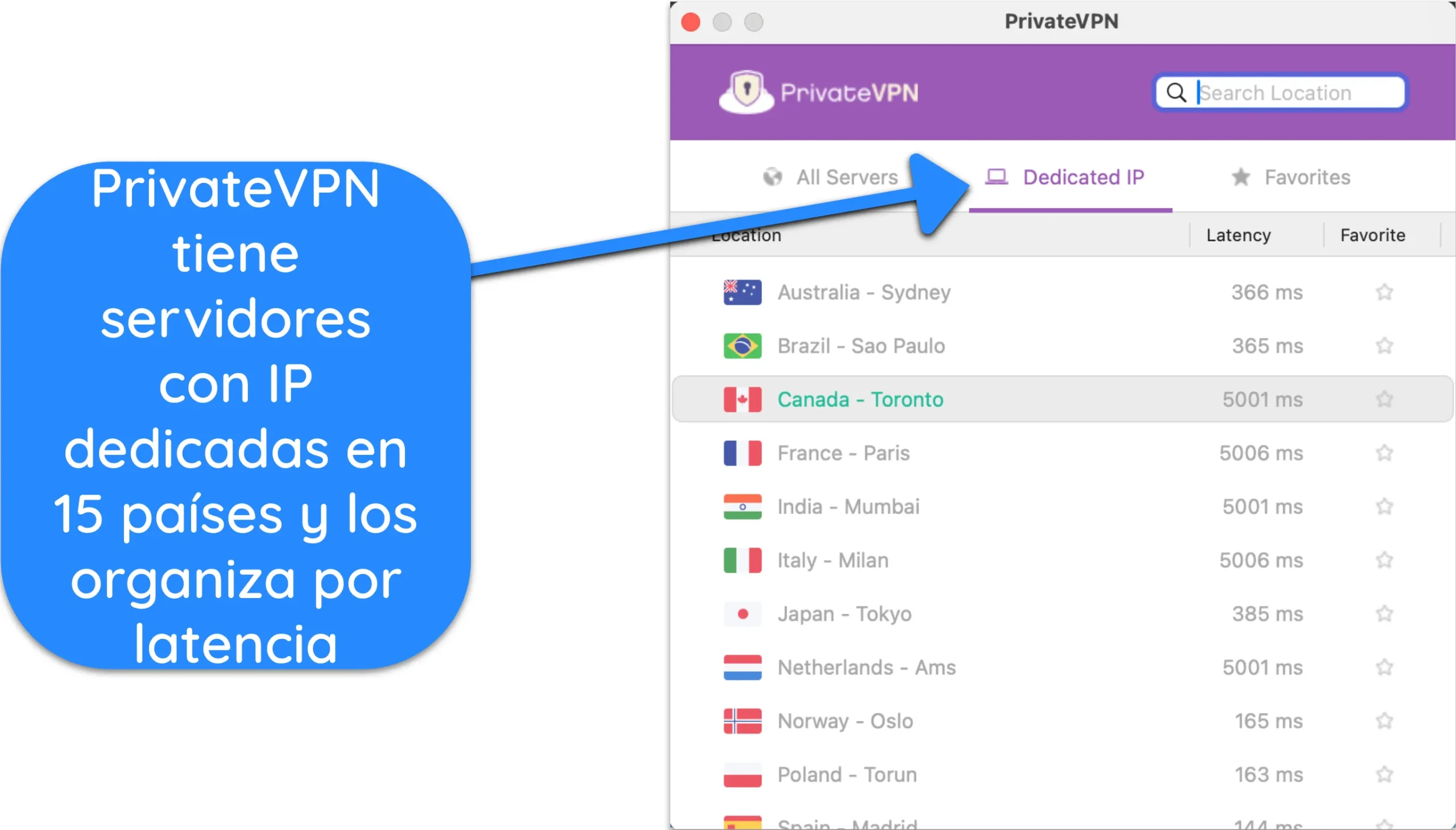 Captura de pantalla de la lista de servidores IP dedicados de PrivateVPN.