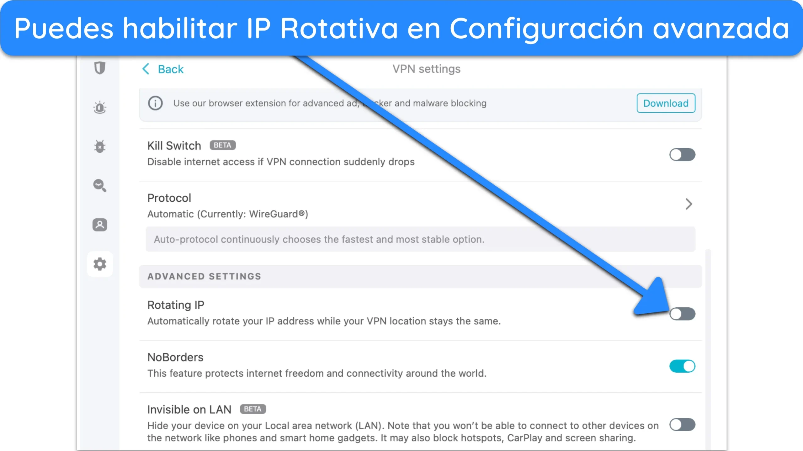Captura de pantalla de c&oacute;mo activar la IP rotatoria en la app para Mac de Surfshark.