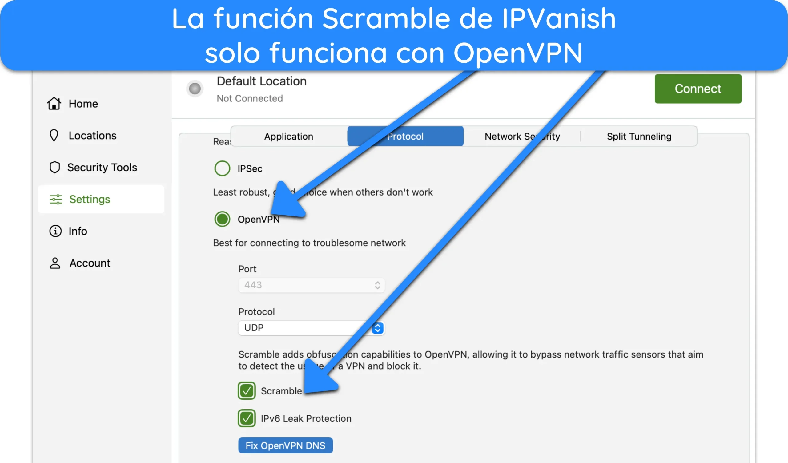 Captura de pantalla del men&uacute; de Configuraci&oacute;n de IPVanish en su app para Mac.