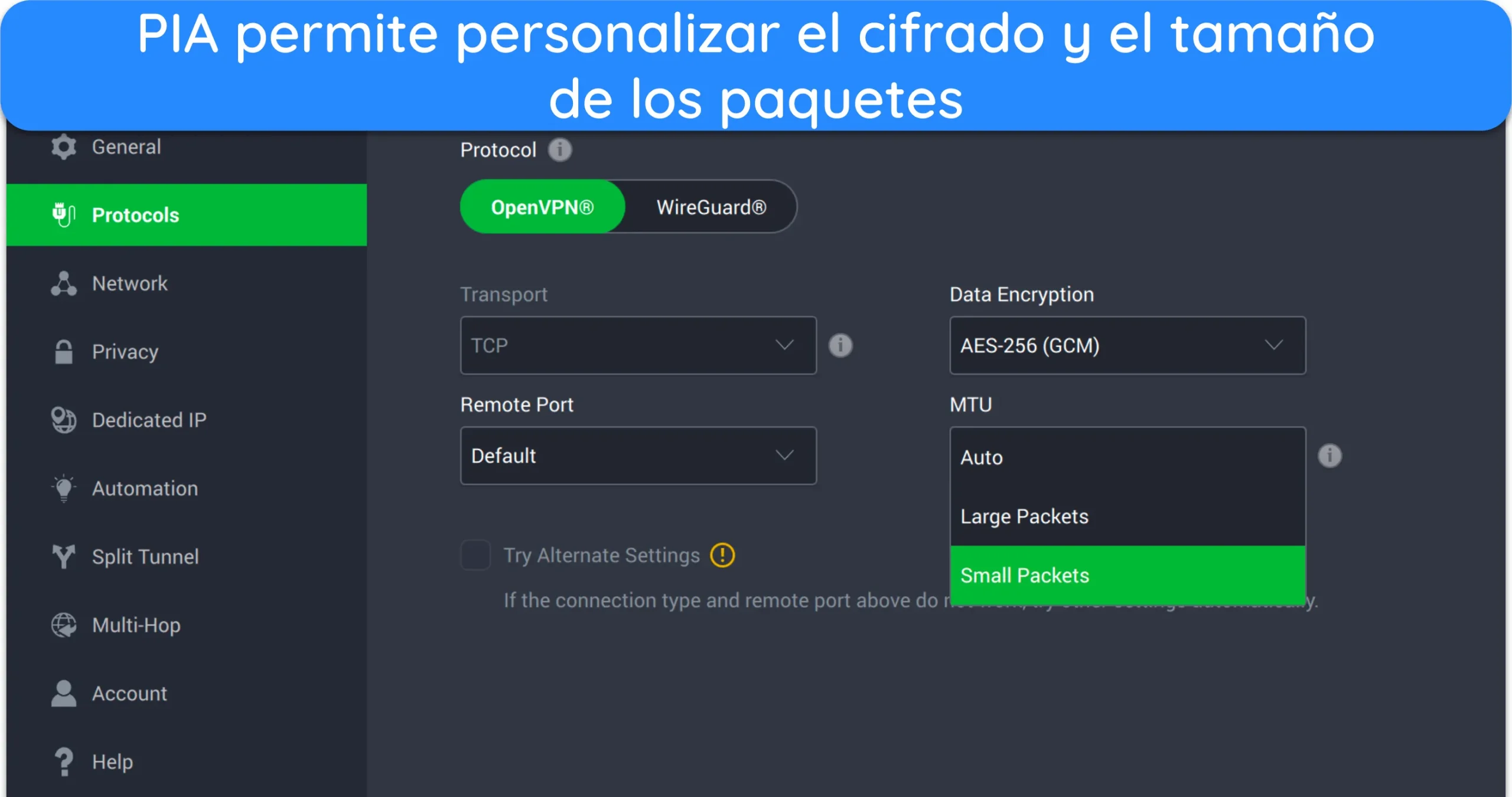 Captura de pantalla del men&uacute; de configuraci&oacute;n de Protocolos de PIA en su app para Mac.