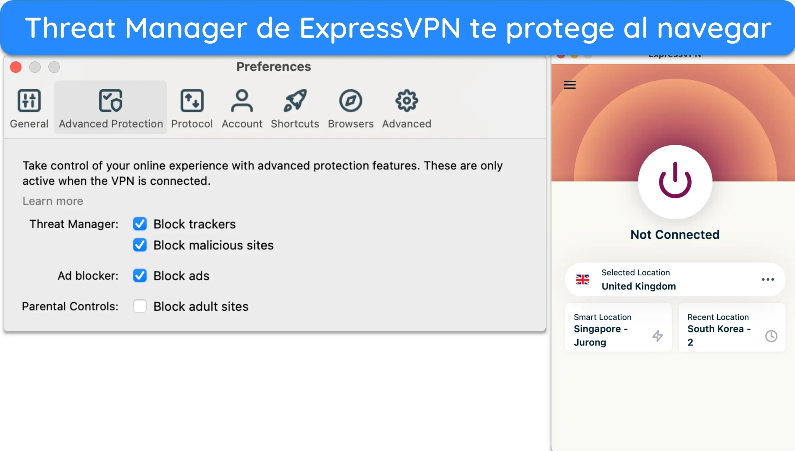 Captura de pantalla del men&uacute; de Preferencias de ExpressVPN en su app para macOS.