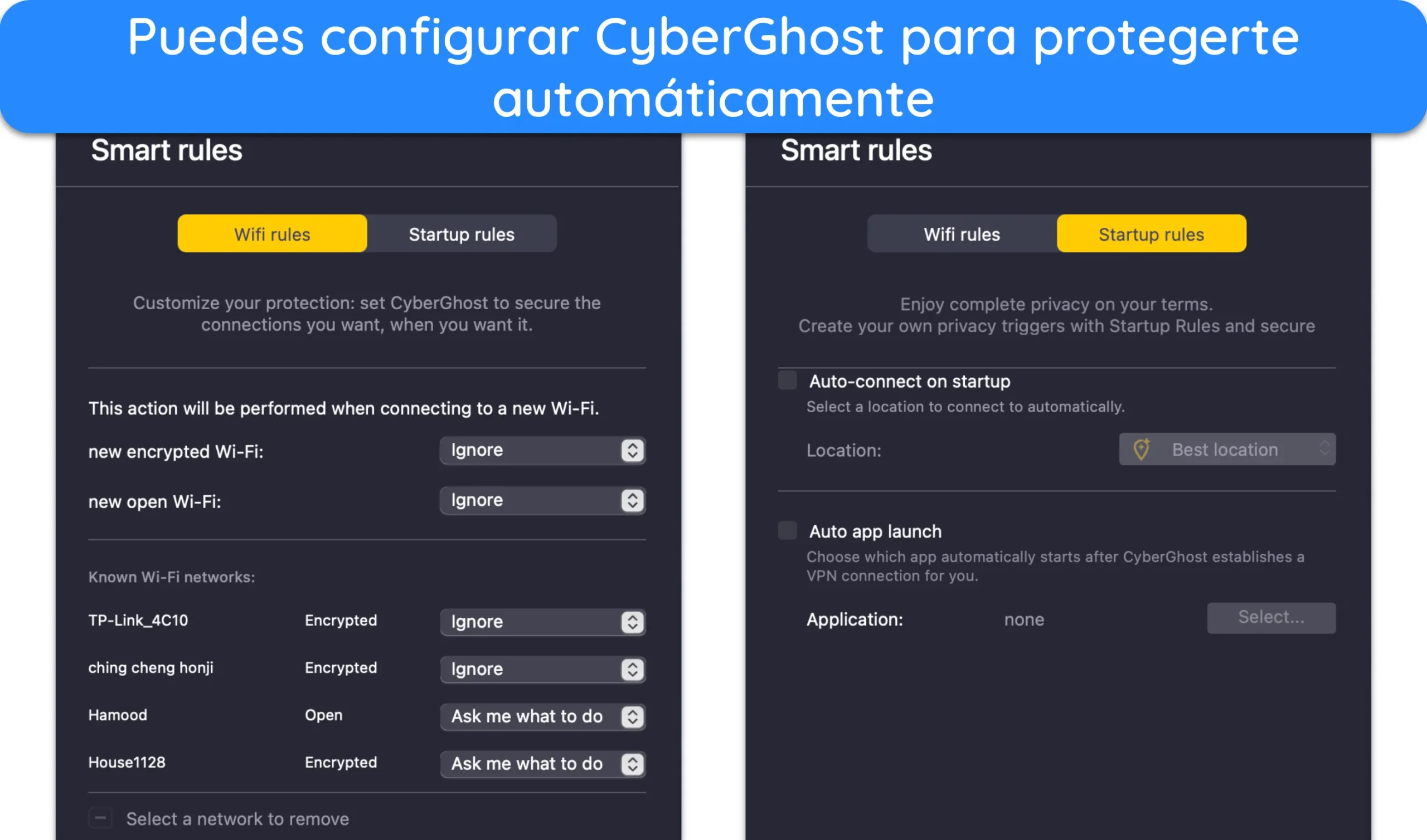 Captura de pantalla del men&uacute; de Reglas Inteligentes de CyberGhost en su app para macOS.