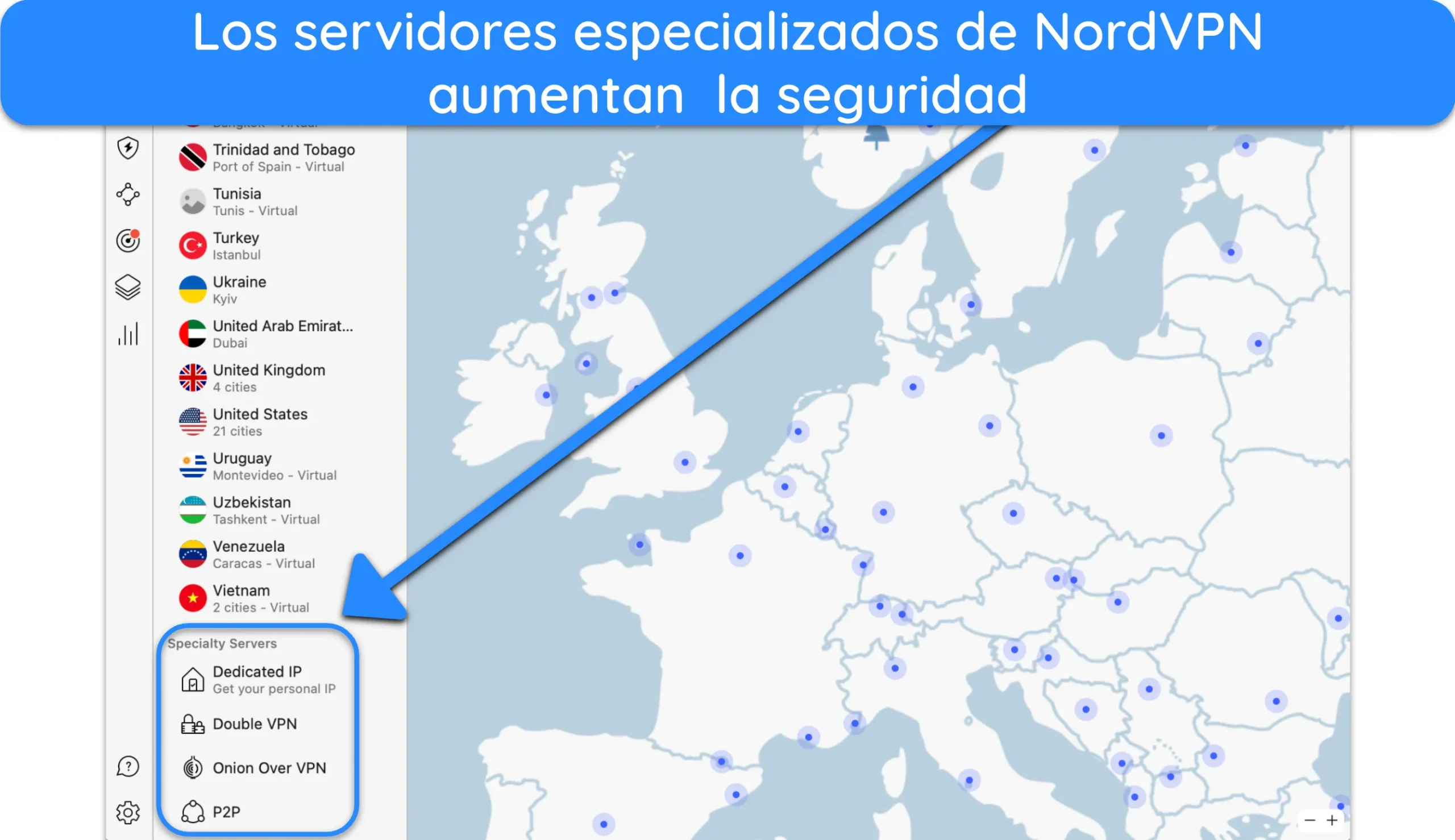 Captura de pantalla de la interfaz de la app para Mac de NordVPN que muestra su lista de servidores especializados.