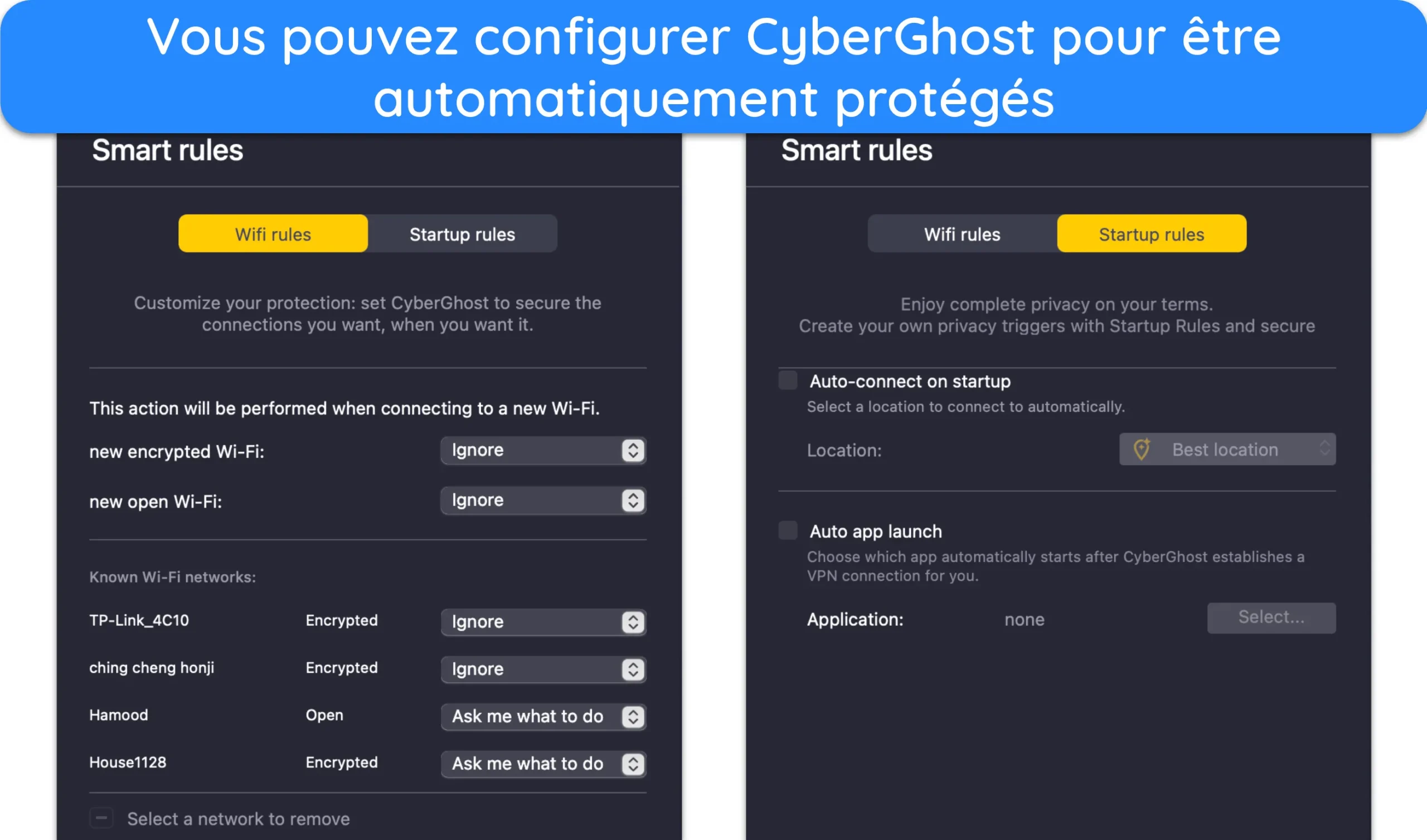 Capture d'&eacute;cran du menu R&egrave;gles intelligentes de CyberGhost sur son application macOS.