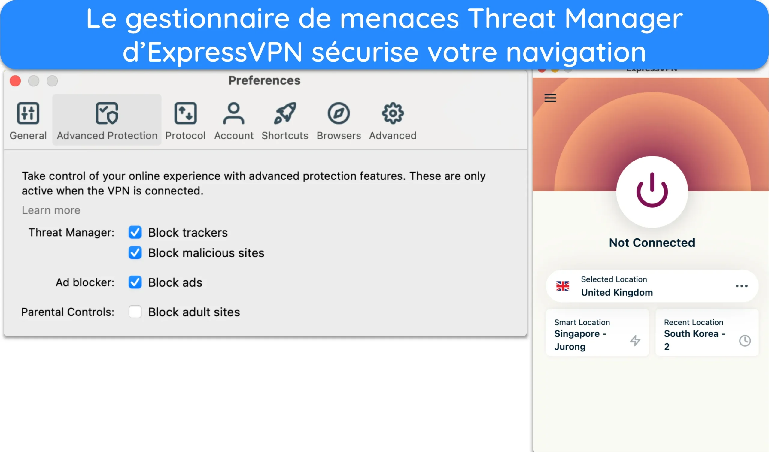 Capture d'&eacute;cran du menu Pr&eacute;f&eacute;rences d'ExpressVPN sur son application macOS.