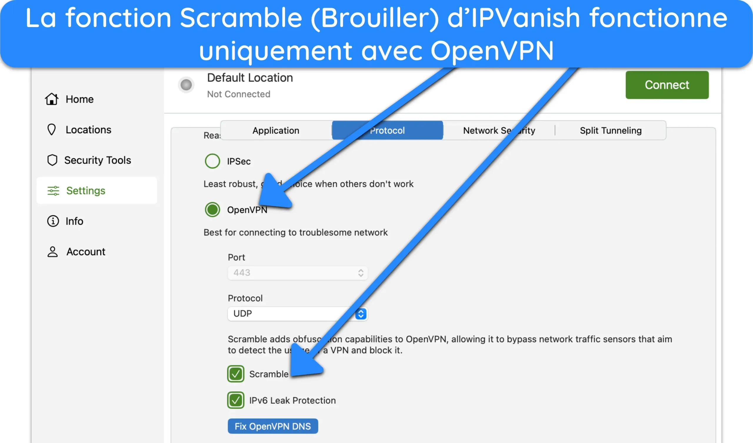 Capture d'&eacute;cran du menu Param&egrave;tres d'IPVanish sur son application Mac.