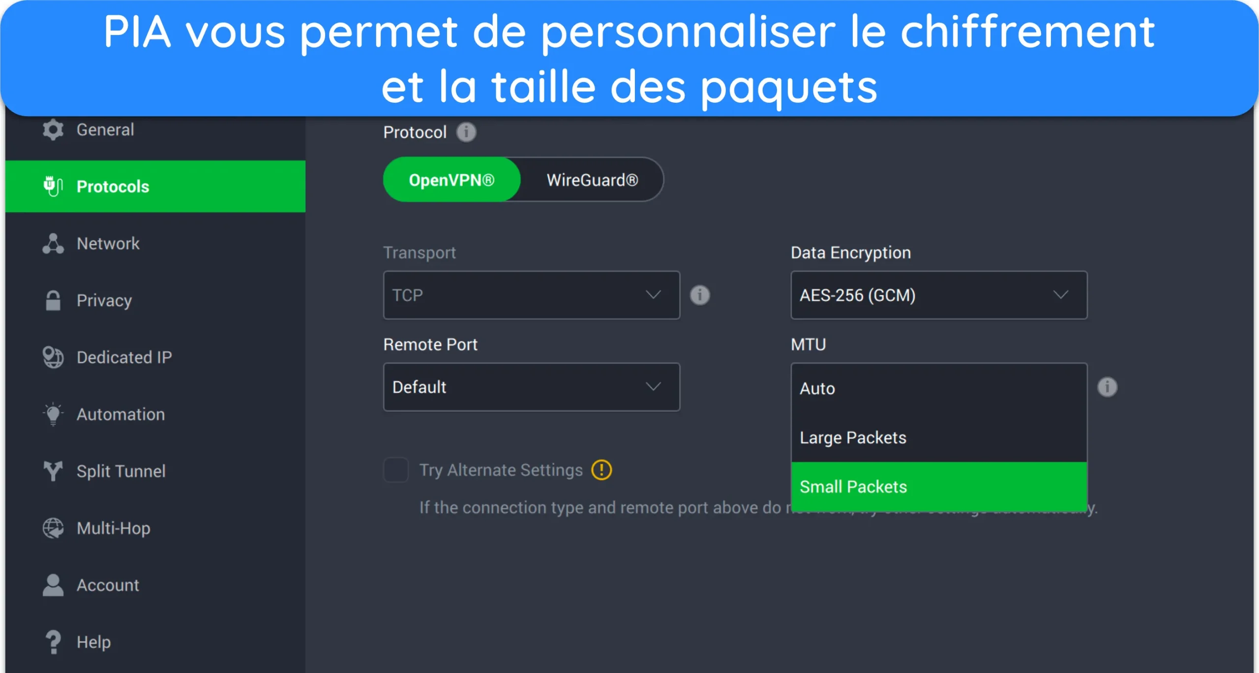 Capture d'&eacute;cran du menu Param&egrave;tres des protocoles de PIA sur son application Mac.