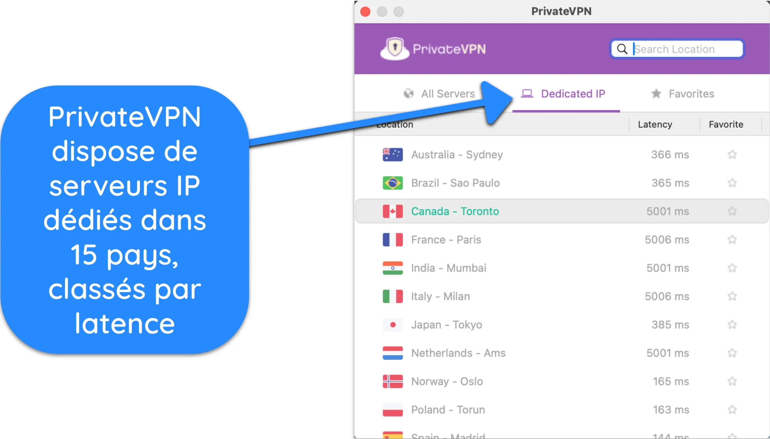 Capture d'&eacute;cran de la liste des serveurs IP d&eacute;di&eacute;s de PrivateVPN.