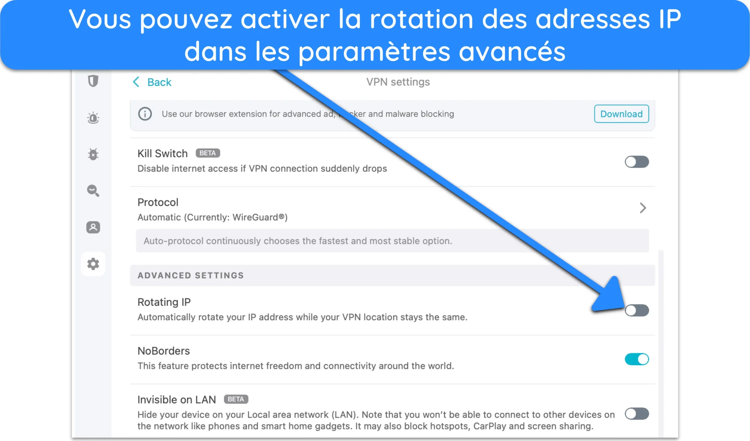 Capture d'&eacute;cran de l'activation de la rotation des IP sur l'application Mac de Surfshark.