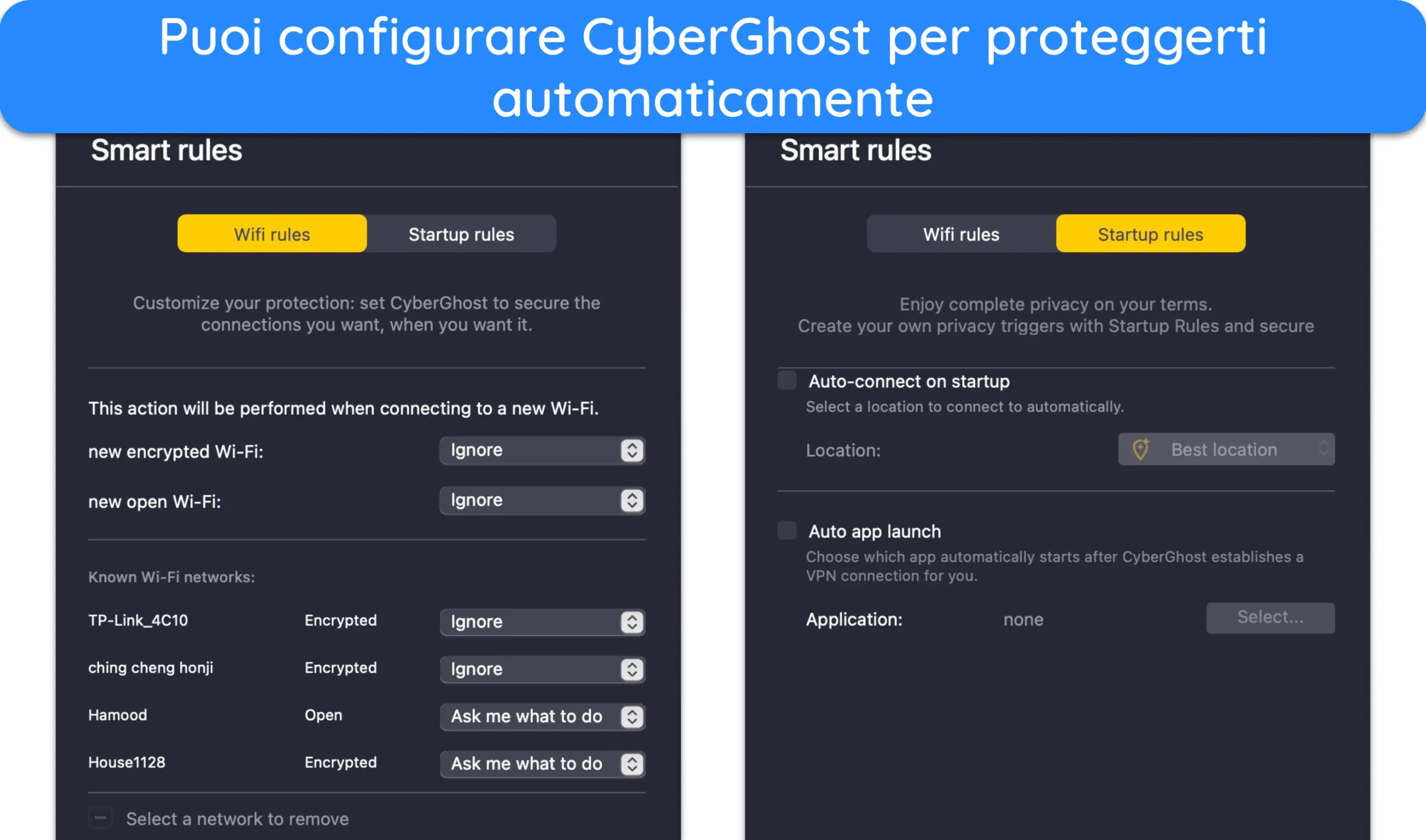 Screenshot del menu Regole Smart di CyberGhost nell'app per macOS.