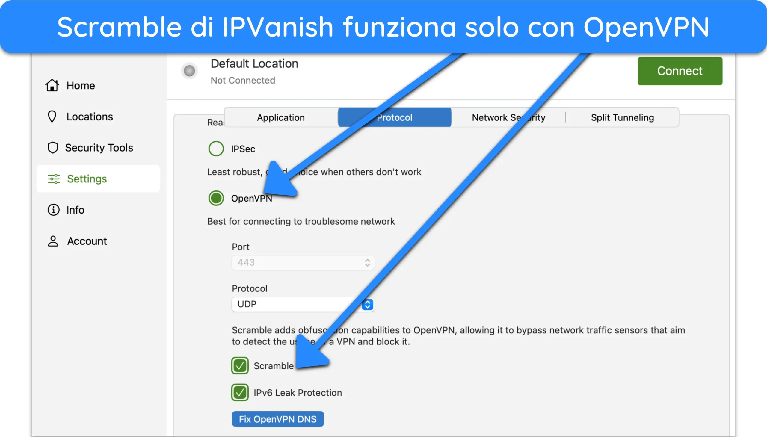 Screenshot del menu Impostazioni di IPVanish nell'app per Mac.