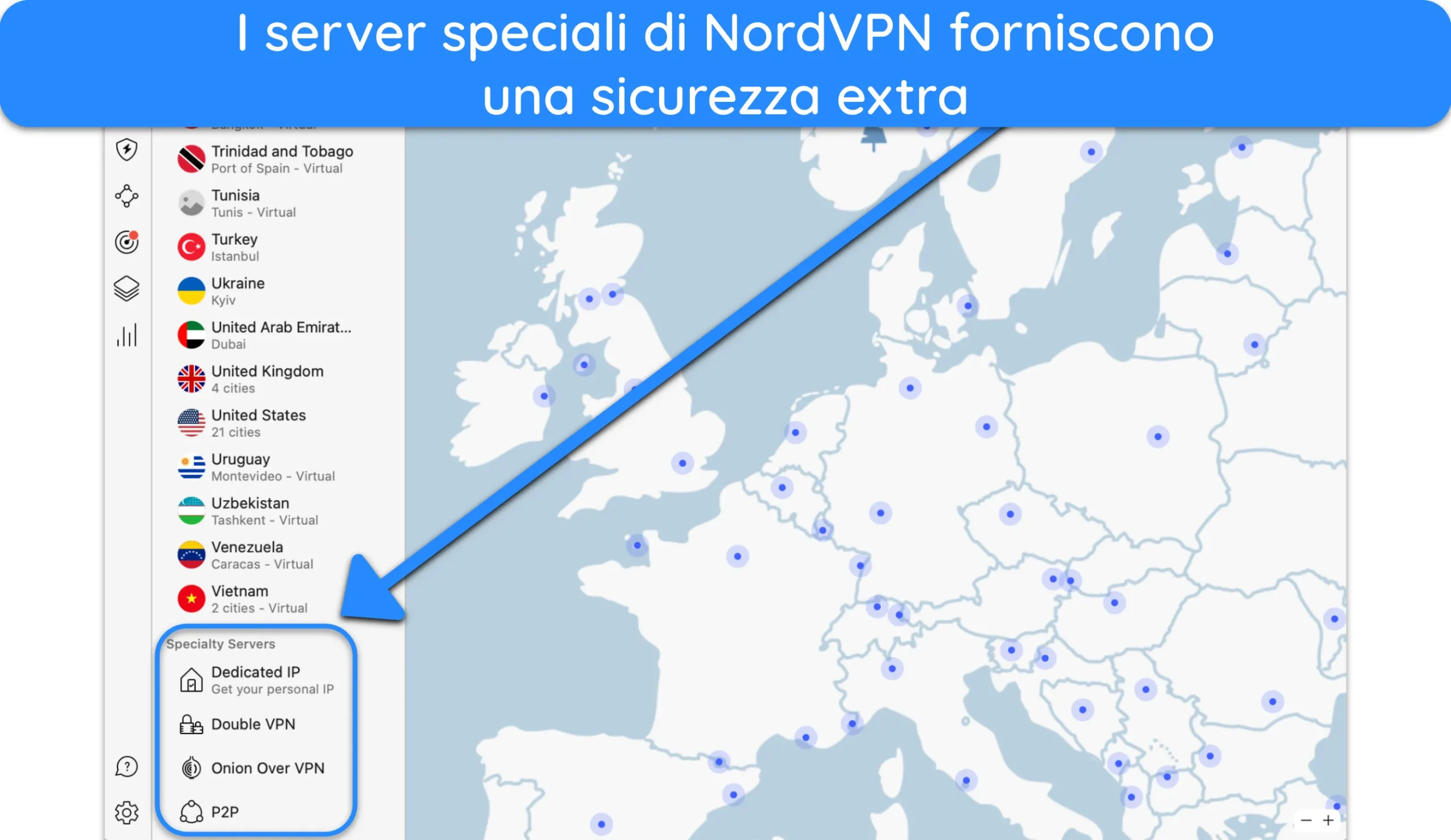 Screenshot dell'interfaccia dell'app per Mac di NordVPN che mostra l'elenco dei server specializzati.