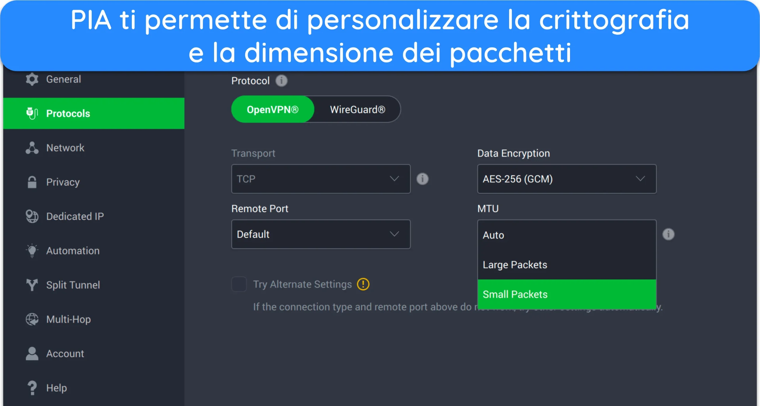 Screenshot del menu Impostazioni Protocolli di PIA nell'app per Mac.