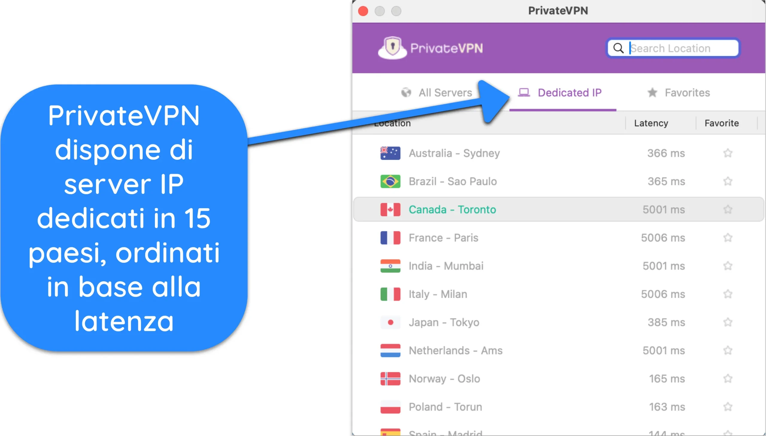 Screenshot dell'elenco dei server IP dedicati di PrivateVPN.