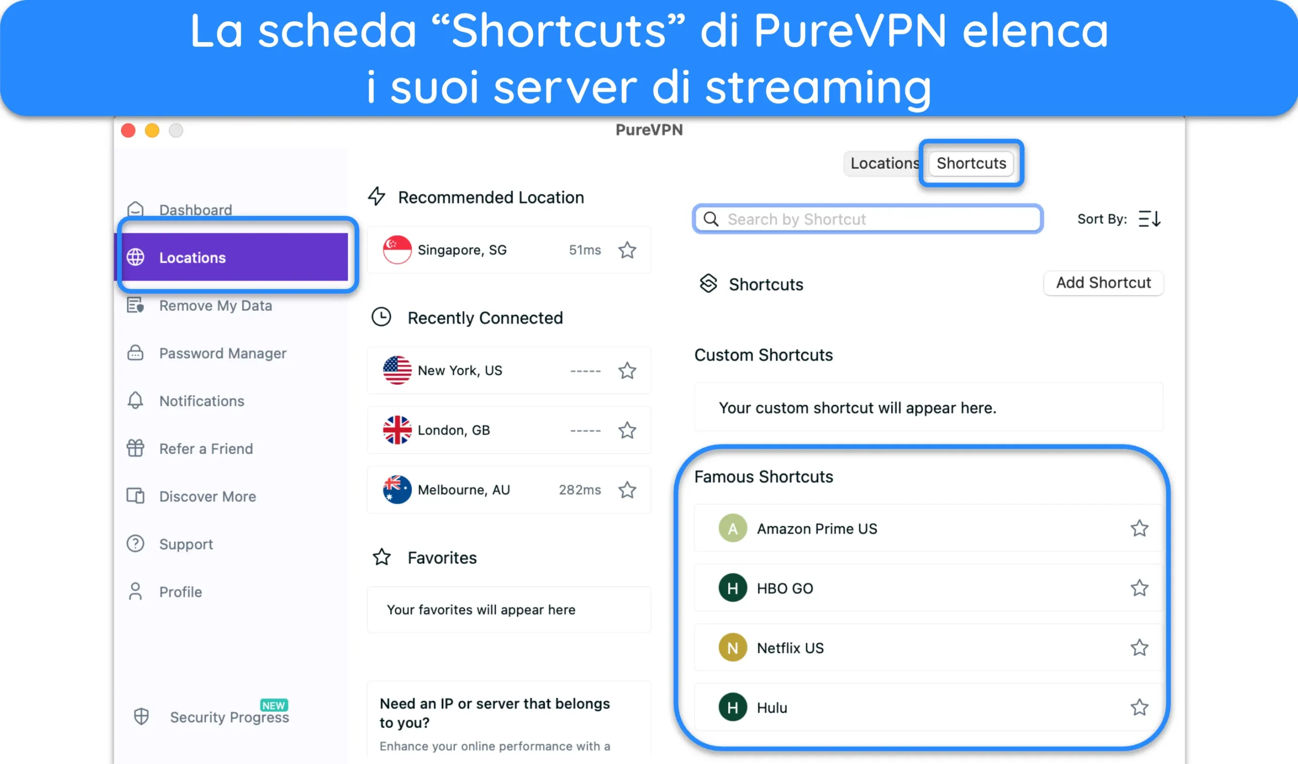 Screenshot dell'app per Mac di PureVPN che mostra i server di streaming.