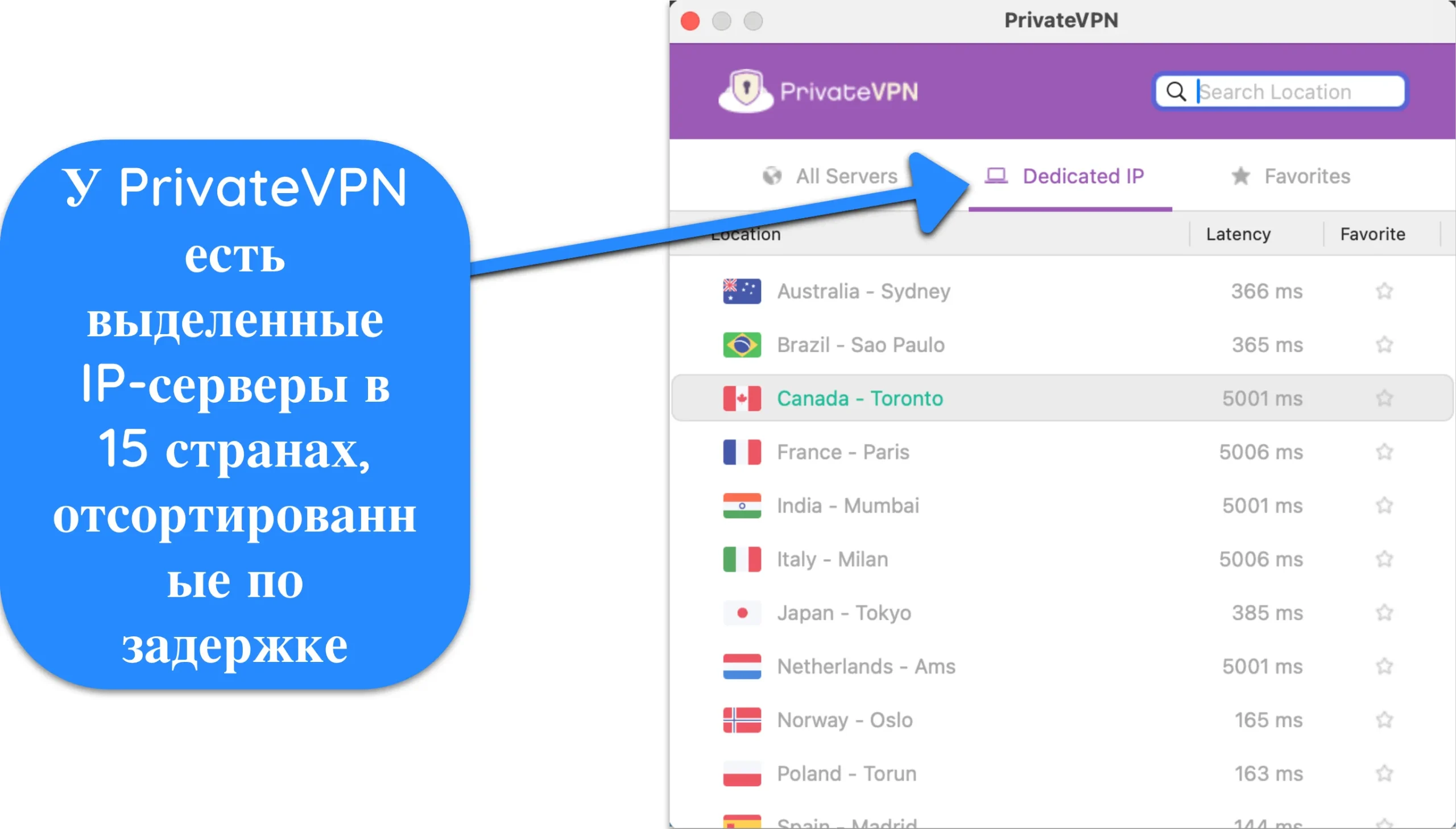 Скриншот списка выделенных IP-серверов PrivateVPN.