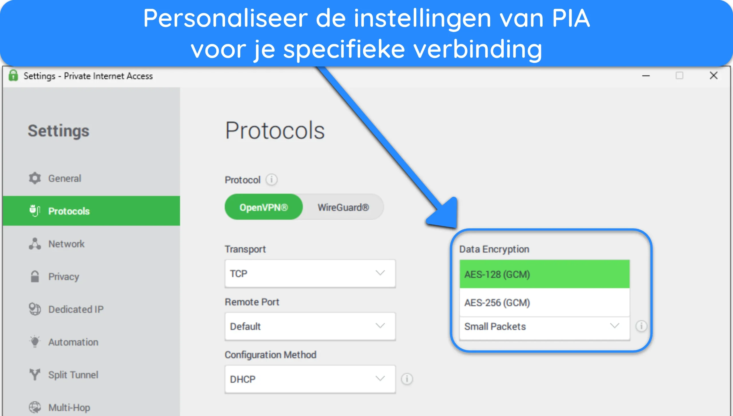 Afbeelding van de Windows-app van PIA, met de opties voor protocolaanpassing.