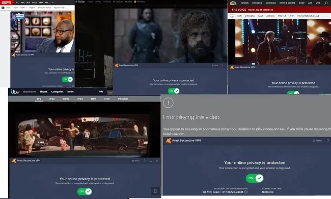 Коллаж опций потоковой передачи с Avast SecureLine VPN